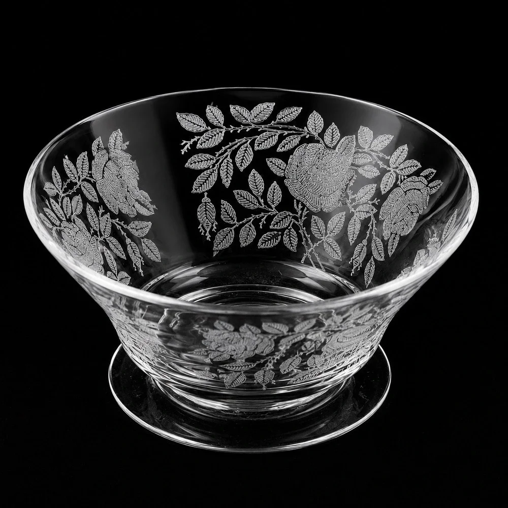 Tiffin Franciscan Roses Etched Glass Berry Dessert bowls Set of 6 Etched Footed